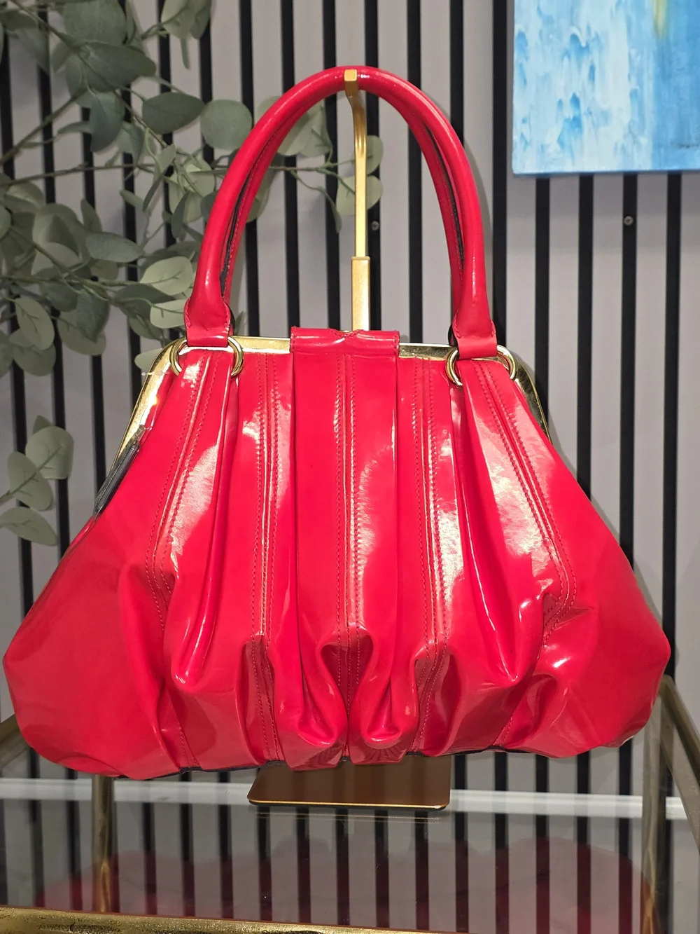 Alexander McQueen Red Elvie Frame Patent Top-Handle Satchel Bag RARE